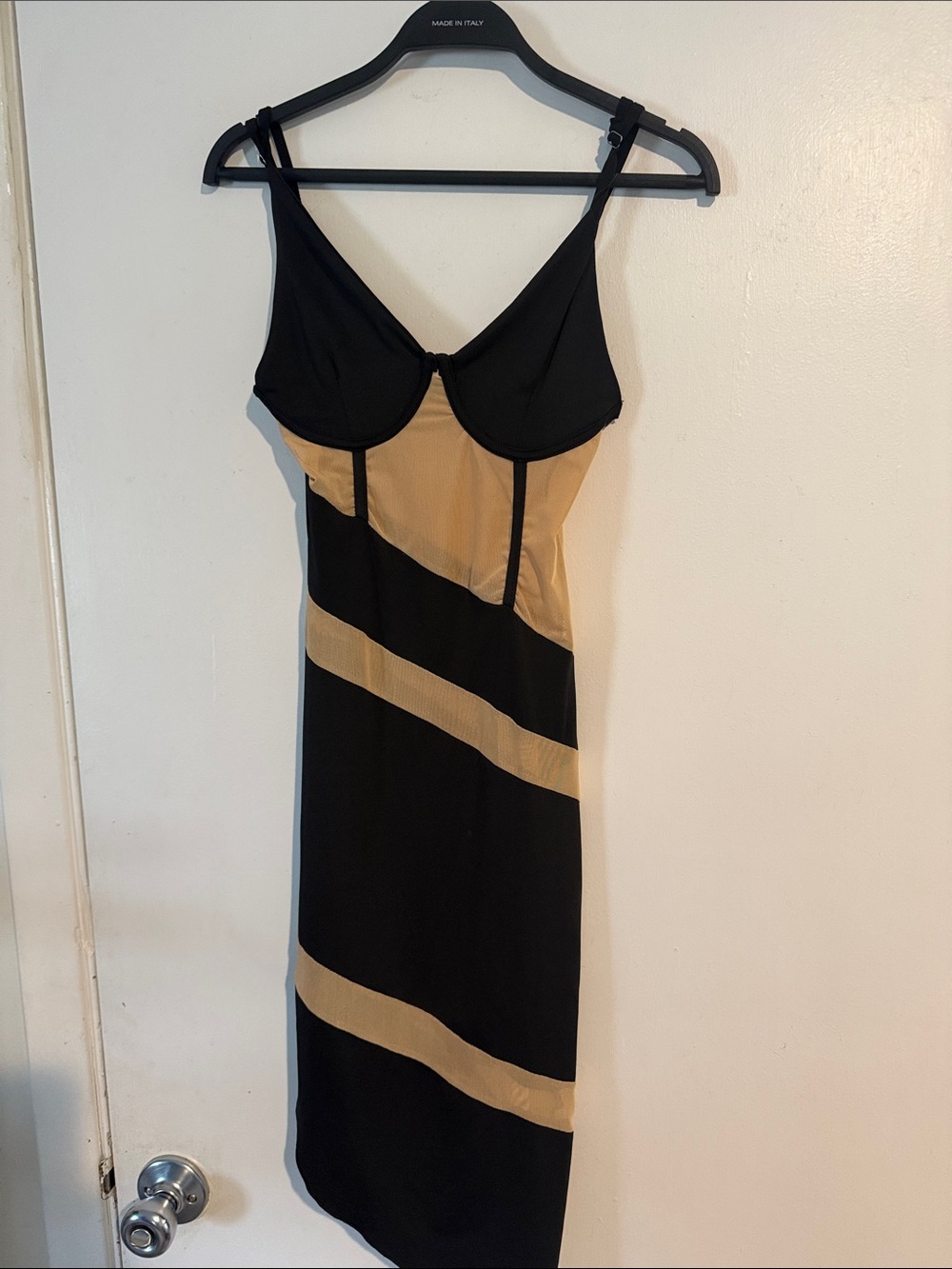 Black and Beige Striped Bodycon Dress